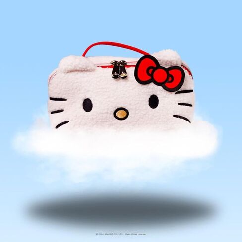 منظم حقيبة مستحضرات التجميل للسفر من شركة Impressions Vanity Hello Kitty Unfold، يفتح حقيبة مستحضرات التجميل المسطحة بسحاب مع نسيج قماش شيربا المريح، مقصورات مزدوجة، جيوب داخلية، مقبض حمل علوي in Kuwait