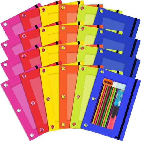 حقيبة أقلام رصاص مكونة من 3 حلقات، مجموعة مكونة من 24 كيسًا بسحاب ذات 3 فتحات بألوان متنوعة، حامل أقلام رصاص من القماش قوي ومتين مع نافذة شفافة لمستلزمات الكلية المكتبية والمدرسة (24) in Kuwait