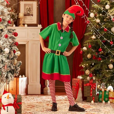 Christmas Elf Costume Set for Girls Boys Men Women Santa's Helper Costume Outfit Santa Dress Cosplay Party Dress Up in Kuwait
