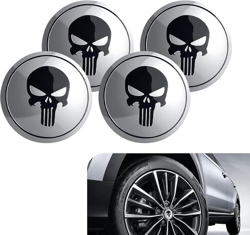 4 PCS Skull Car Hub Center Cap Sticker, 2.2In Waterproof Durable Vehicle Hub Decorative Decal, Universal Portable Round Metal Automotive Tire Accessory for Truck SUV Car (Silver) in Kuwait