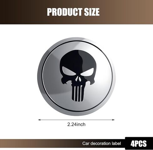 4 PCS Skull Car Hub Center Cap Sticker, 2.2In Waterproof Durable Vehicle Hub Decorative Decal, Universal Portable Round Metal Automotive Tire Accessory for Truck SUV Car (Silver) in Kuwait