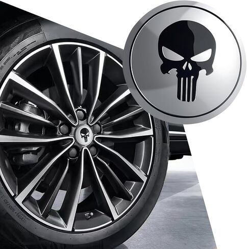 4 PCS Skull Car Hub Center Cap Sticker, 2.2In Waterproof Durable Vehicle Hub Decorative Decal, Universal Portable Round Metal Automotive Tire Accessory for Truck SUV Car (Silver) in Kuwait