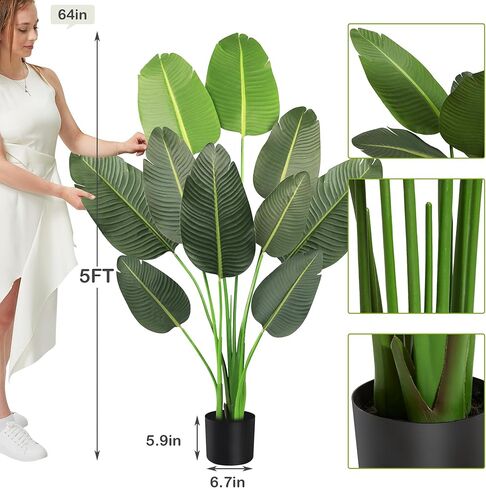 KOL 45 بوصة طائر الجنة الاصطناعي، شجرة أوراق الموز الاستوائية الحريرية المزيفة، نباتات حرير صناعية واقعية للمنزل والمكتب وغرفة المعيشة، هدية مثالية للتدفئة المنزلية، ديكور داخلي وخارجي in Kuwait