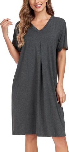 BestWendding Women's Nightgown Soft Short Sleeve Nightshirt V Neck Loose Fit Sleep Tshirt Lounge House Dress in Kuwait