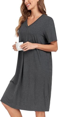 BestWendding Women's Nightgown Soft Short Sleeve Nightshirt V Neck Loose Fit Sleep Tshirt Lounge House Dress in Kuwait