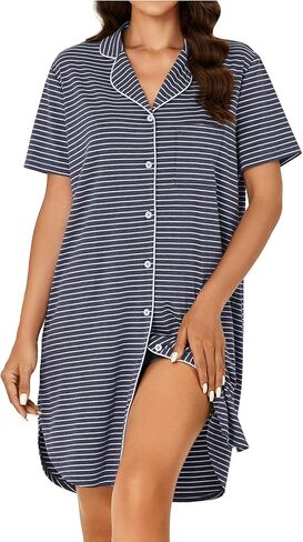 KIFOVEN Women's Cotton Striped Nightgown Button Down Short Sleeve Collared Nightshirt Nightdress Sleep Shirts in Saudi Arabia