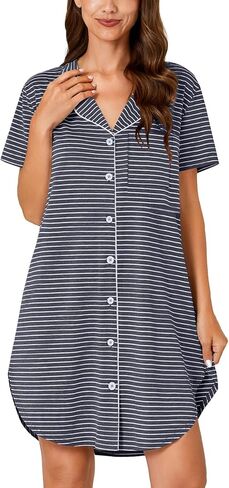 KIFOVEN Women's Cotton Striped Nightgown Button Down Short Sleeve Collared Nightshirt Nightdress Sleep Shirts in Saudi Arabia