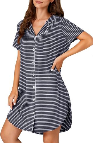KIFOVEN Women's Cotton Striped Nightgown Button Down Short Sleeve Collared Nightshirt Nightdress Sleep Shirts in Saudi Arabia