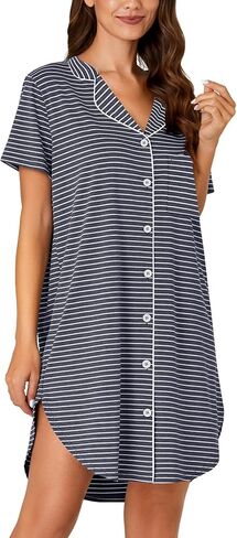 KIFOVEN Women's Cotton Striped Nightgown Button Down Short Sleeve Collared Nightshirt Nightdress Sleep Shirts in Saudi Arabia