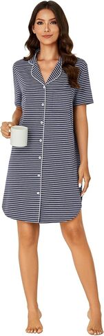 KIFOVEN Women's Cotton Striped Nightgown Button Down Short Sleeve Collared Nightshirt Nightdress Sleep Shirts in Saudi Arabia