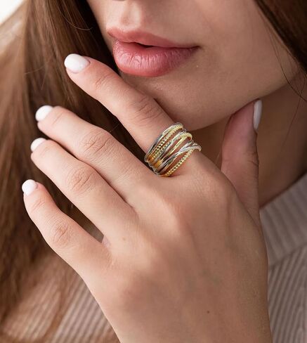 Gold and Silver Rings for Women, Fashion Vintage Two Tone Twisted Cable Statement Crossover Rings Retro Band Designer Jewelry Gifts for Her in Saudi Arabia