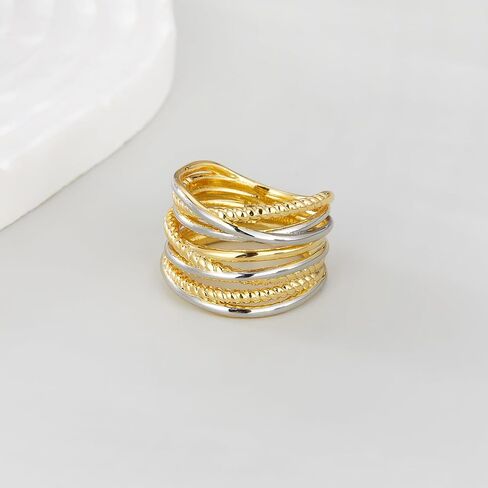 Gold and Silver Rings for Women, Fashion Vintage Two Tone Twisted Cable Statement Crossover Rings Retro Band Designer Jewelry Gifts for Her in Saudi Arabia