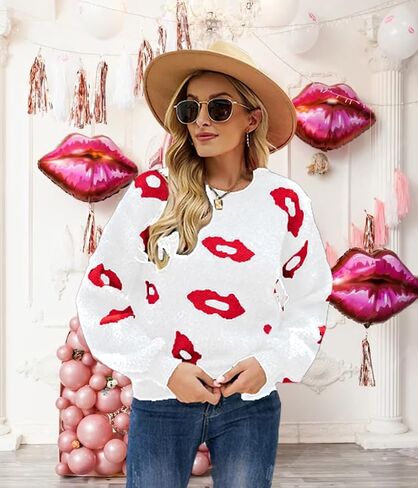 Valentines Heart Sweater for Women Lip Valentines Gifts for Her Cute Lips Long Sleeve Crewneck Casual Pullover Tops in Kuwait