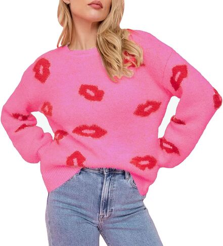 Valentines Heart Sweater for Women Lip Valentines Gifts for Her Cute Lips Long Sleeve Crewneck Casual Pullover Tops in Kuwait