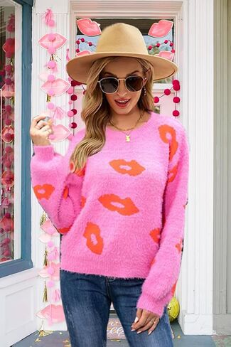 Valentines Heart Sweater for Women Lip Valentines Gifts for Her Cute Lips Long Sleeve Crewneck Casual Pullover Tops in Kuwait