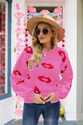 Valentines Heart Sweater for Women Lip Valentines Gifts for Her Cute Lips Long Sleeve Crewneck Casual Pullover Tops in Kuwait