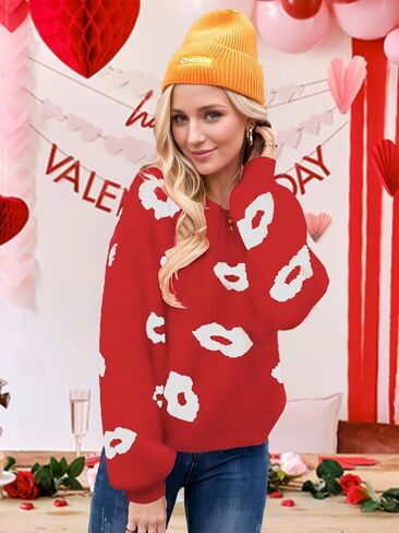 Valentines Heart Sweater for Women Lip Valentines Gifts for Her Cute Lips Long Sleeve Crewneck Casual Pullover Tops in Kuwait