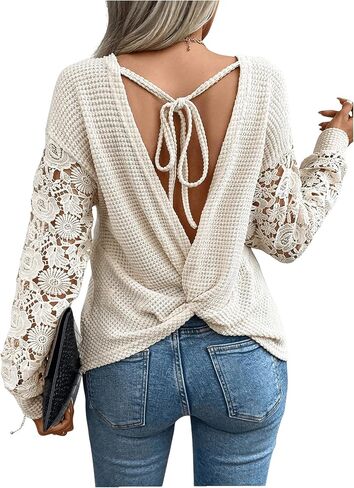 GORGLITTER Women's Lace Open Back Sweater Backless Long Sleeve V Neck Patchwork Cut Out Fall Knit Sweater Dressy Casual in Saudi Arabia