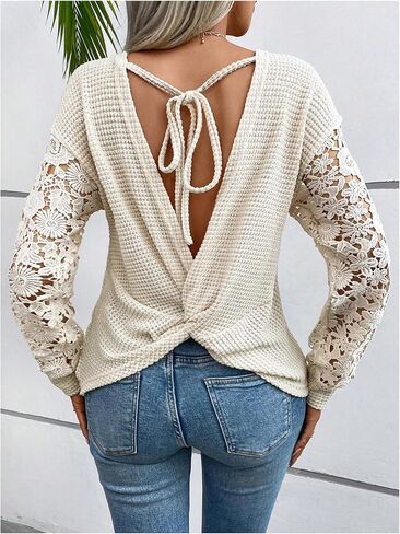 GORGLITTER Women's Lace Open Back Sweater Backless Long Sleeve V Neck Patchwork Cut Out Fall Knit Sweater Dressy Casual in Saudi Arabia