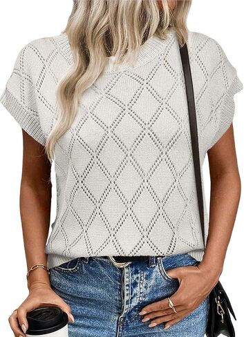 SHEWIN Womens Summer Tops Casual Crewneck Short Sleeve Shirts Cable Knit Lightweight Loose Pullover Sweater in Kuwait