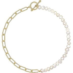 Cowlyn Paper Clip Pearl Necklace Vintage Chunky Link Chain Baroque Cultured Pearls 18K Gold Choker Fashion Retro Charm Valentine Jewelry for Women Girls