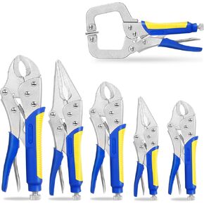 Locking Pliers Set, 6-Piece Vice Grips Plier set, 6-1/2", 9-1/2" Long Nose Locking Pliers, 5", 7" & 10" Curved Jaw Locking Pliers, 6" C-clamp Locking Plier, for welding, Metal Bending