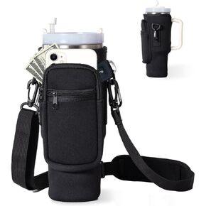 Bringsine Water Bottle Carrier Bag with Pouch Pocket for Stanley 40 Oz Tumbler with Handle, Neoprene Water Bottle Holder Pouch with Adjustable Strap and Carabiner for Stanley Cup Accessories-Hotpink