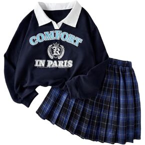MakeMeChic Girl's 2 Piece Outfits Long Sleeve Letter Graphic Sweatshirt and Plaid Pleated Skirt Set