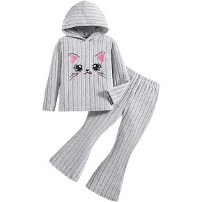Toddler Girls Outfits-Cat Embroidered Ribbed Pullover Hoodie and Flared Pants-Girls Sweatshirt Sets(3-7T)