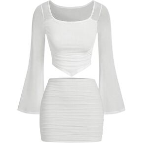 Floerns Girl's 2 Piece Outfit Flare Long Sleeve Top with Mini Pencil Skirt Set