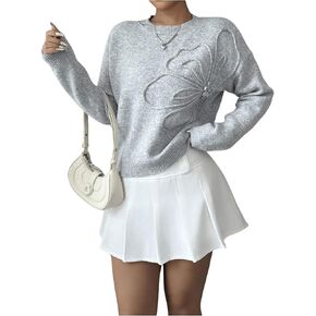 Women's 3D Floral Appliques Crewneck Sweaters Long Sleeve Drop Shoulder Pullovers Elegant Knit Tops