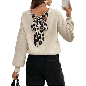 GORGLITTER Women's Bow Tie Back Sweater Striped Long Sleeve Backless V Neck Sweaters Pullover Tops