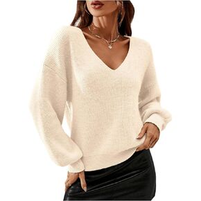 SOLY HUX Sweaters for Women V Neck Drop Shoulder Bishop Long Sleeve Chunky Sweater Knit Pullover Tops