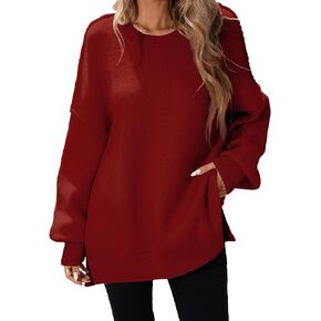 Womens Oversized Batwing Long Sweaters 2024 Fall Cute Outfits Dressy Casual Crewneck Side Slit Outside Seam Ribbed Knit Pullover Tops Burgundy S