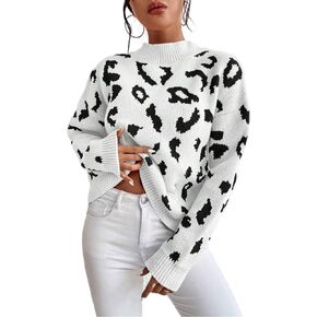 Women's Winter Sweater Long Sleeve Mock Neck Pullover Fuzzy Knitted Sweater Leopard Print