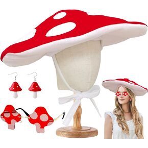Mushroom Hat Sunglasses Earring Cosplay Set Halloween Costume Cosplay Accessory Red Plush Large Size Mushroom Hat Mushroom Shaped Sunglasses Ear Decor for Halloween Party Decoration