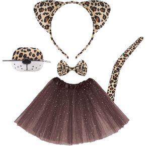 5pcs Boys Girl Cheetah Costume Set Leopard Cat Ears Headband Cheetah Tail Tutus Skirt Bowtie Nose for Halloween Cosplay Party