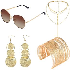 choyaxo 5Pcs 70s Accessories Set Women Including Dangle Earrings Layered Necklace Bracelets for Party Halloween Cosplay Yellow