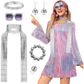 Womens 70s Outfit 1970s Dress Costume 70's Accessories Jewelry for Birthday Dance Party Halloween