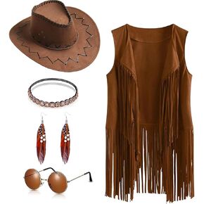 SUOLA 60s 70s Western Cowgirl Outfits Set Hippie Costume Fringe Vest with Hat Sunglasses Earring Headband for Women Halloween