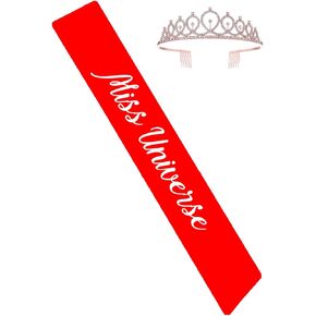 Vrogadso Miss Universe Sash Red Satin Sash with White Letters With Crown Pack
