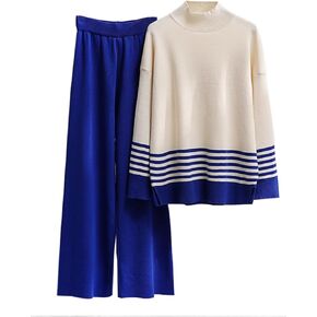 Womens Lounge 2 Piece Outfits Knitted Long Sleeve Striped Pullover Top and Wide Leg Pants Sweater Tracksuit