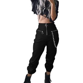 TSMNZMU Womens Gothic Pants Y2K Punk Zipper Trousers Grunge Alt Harajuku High Waist Pants Emo Hip-Hop Pants with Chain