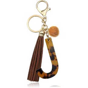 Leopard Alphabet Initial Letter Keychain Tassel Pendant Key Ring for Women Girls Purse Handbags