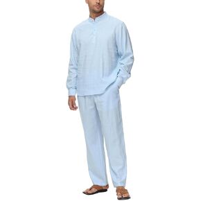 Lamgool Men’s Linen Set 2 Pieces Long Sleeve Button Henley Shirts Casual Drawstring Pants Summer Beach Yoga Outfits