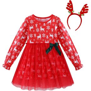 HILEELANG Little Toddler Girl Red Christmas Dress Cotton Long Sleeve Party Outfits with Hairband