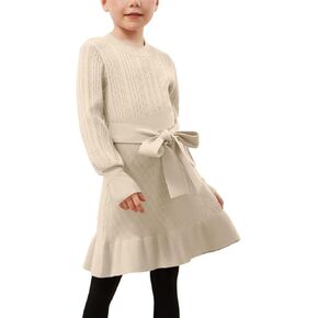 CHILDRENSTAR Girls Sweater Dress Ruffles Long Sleeve Warm Winter Pullover Cable Knit Clothes Belted for Kids