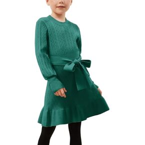CHILDRENSTAR Girls Sweater Dress Ruffles Long Sleeve Warm Winter Pullover Cable Knit Clothes Belted for Kids in Kuwait