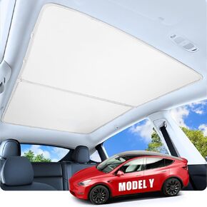 2024 Upgraded Tesla Model Y Sunshaderoof with Windshield Sun Shade, Tesla Model Y Accessories 2024 No-Sag & No-Gaps Heat Insulation Foldable Foldable Sun Shade Blocks 99% UV Rays & Glare Grey