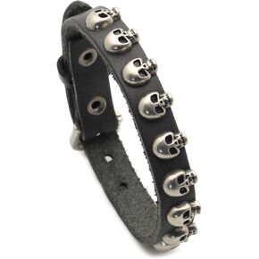 Punk Rock Retro Alloy Belt Buckle Wristband Skull Head Studded Thin Pu Leather Adjustable Cuff Bracelet